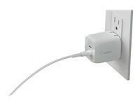 Belkin BoostCharge Pro GaN - Strömadapter - PPS- och GaN-teknik - 65 Watt - Fast Charge, PD 3.0 - 2 utdatakontakter (2 x USB-C) - vit WCH013VF2MWH-B6